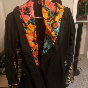 Disney Black Pea Coat with Floral Lining pit to pit 21 Length 30